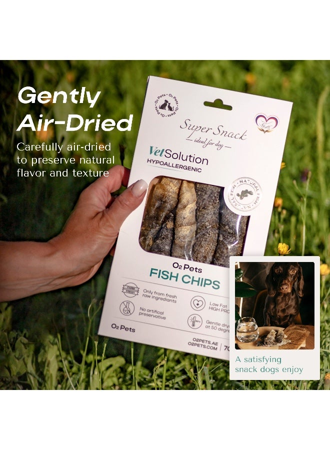 O2Pets Dog and Puppy Fish Chips Hypoallergenic Treats – 100% Cod Skin Single Ingredient Snack – Healthy Reward for Sensitive Skin, Food Sensitivities & Gentle Digestion, Natural Dental Plaque Prevention 70g - Image 4